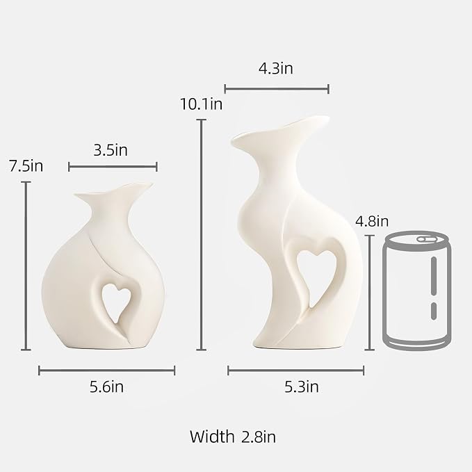 XL White Flower Vases, Nordic Heart Shaped Ceramic Vase Set of 2 | Modern Home Decor, Table Centerpiece, Dining Living Room Office Coffee Table, Wedding House Decoration,H 10.1 inches