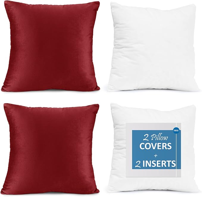 Throw Pillow Inserts Pack of 2 with Velvet Soft Solid Decorative Square Throw Pillow Covers Set for Sofa Couch Car Bedroom, 26X26 Throw Pillows Inserts with 24x24 Washable Cushion Covers, Cherry Red