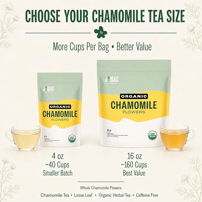 J Mac Botanicals Organic Chamomile Flowers (16 oz) – Whole Egyptian Chamomile Loose Leaf Herbal Tea, Caffeine-Free, Premium Dried Chamomile Flowers for Tea, Baths & Blends