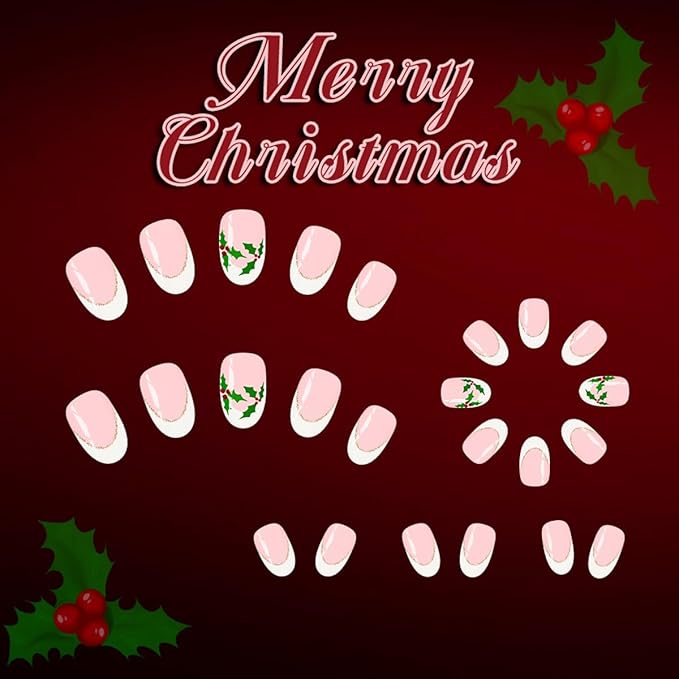 Christmas Press on Nails Holly Fake Nails Short Almond False Nail with Design White French Tip Glue on Nails Artificial Acrylic Dull Cover Nail Xmas Stick on Nail for Women Girls Manicure 24Pcs