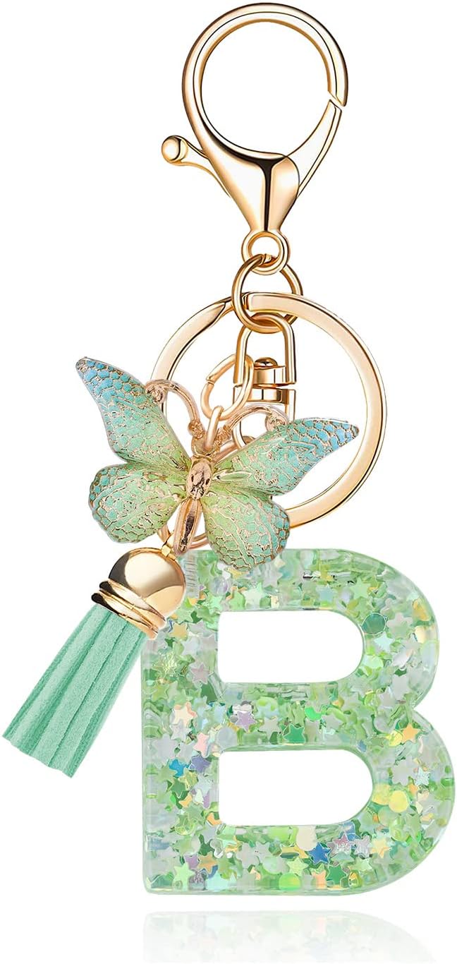 Fashion Alphabet Initial Letter Keychain Tassel Butterfly Pendant Key Ring for Purse Handbags Women Girl