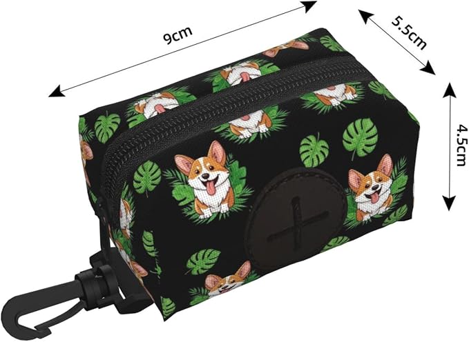 Cute Corgi Dog Tropical Leaves Peony Flowers Dog Poop Bag Holder for Walking, Hiking, Running And Traveling
