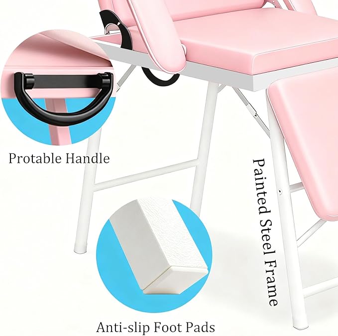 Portable Tattoo Chair, Adjustable Massage Facial Bed with Removable Headrest & Armrest, Foldable Spa Chair with Carry Bag, 73 Inch Esthetician Bed for Salon Beauty Barber Spa Tattoo (Pink)