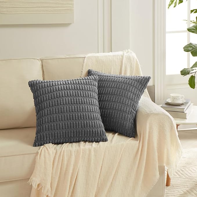 Fancy Homi Decorative Throw Pillow Covers for Bed Couch Bedroom Bench, Soft Corduroy Solid Pillow Case, Rustic Farmhouse Boho Room Decor,20" x 20" (Pack of 1),Dark Gray