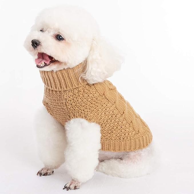 Mihachi Turtleneck Dog Sweater - Winter Coat Apparel Classic Cable Knit Clothes with Leash Hole for Cold Weather, Ideal Gift for Pet in New Year Khaki X-Small
