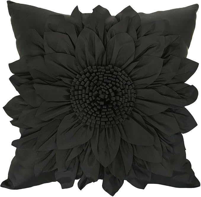 Black Accent 3D Flower Decorative Throw Pillow Covers for Bed Sofa Couch | Bella's Giftshop Handmade Sunflower Taffeta Pillow Cases Living Room Bedroom Decor, 18x18 Inch