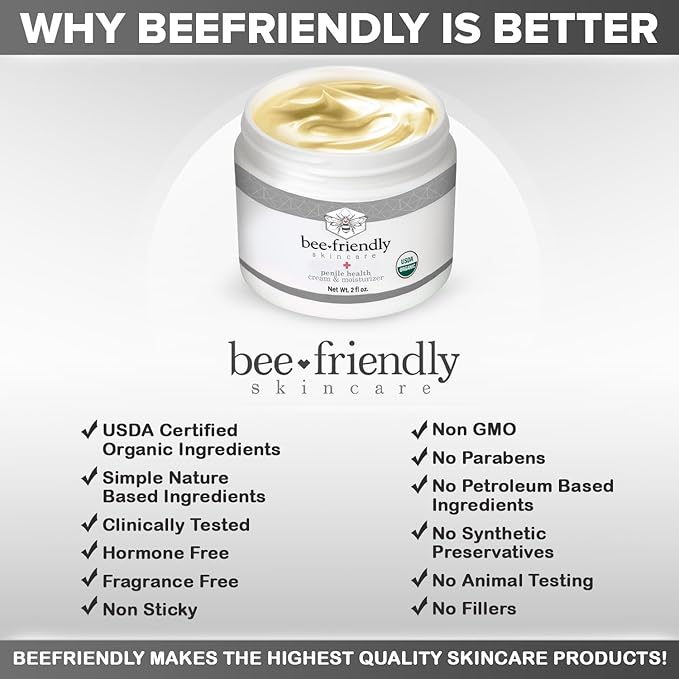 BeeFriendly Organic Penile Health Creme, USDA Certified Cream, Natural Moisturizer Aids With Dry, Chafed, Itchy, Irritated & Sensitive Male Skin, 6 oz - (3 Jars in a box)