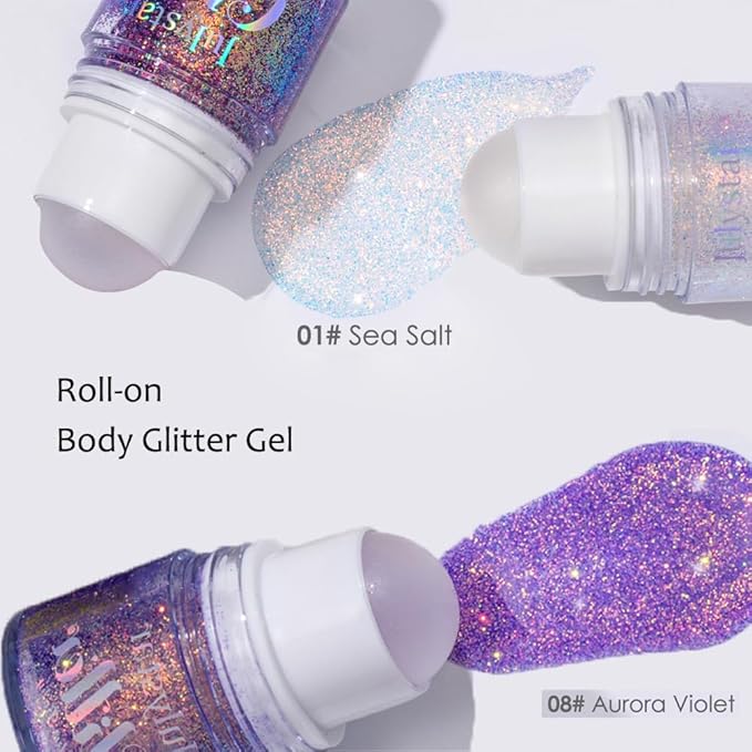 2 Pcs Roll-on Body Glitter Gel Glitter Stick, Long Lasting Mermaid Shine Hair Eyeshadow Face Body Glitter Sequins Concerts Music Festivals Halloween Party Looks Sparkle Shimmer Makeup