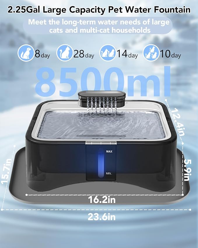 UPSKY Cat Water Fountain, 2.25Gal Large Capacity for Multi-Pet Homes | Ultra Quiet 304 Stainless Steel, Anti-Clog Pump with 4 Filters, Non-Slip Mat Included, Easy to Clean, Smart LED & Anti-Dry