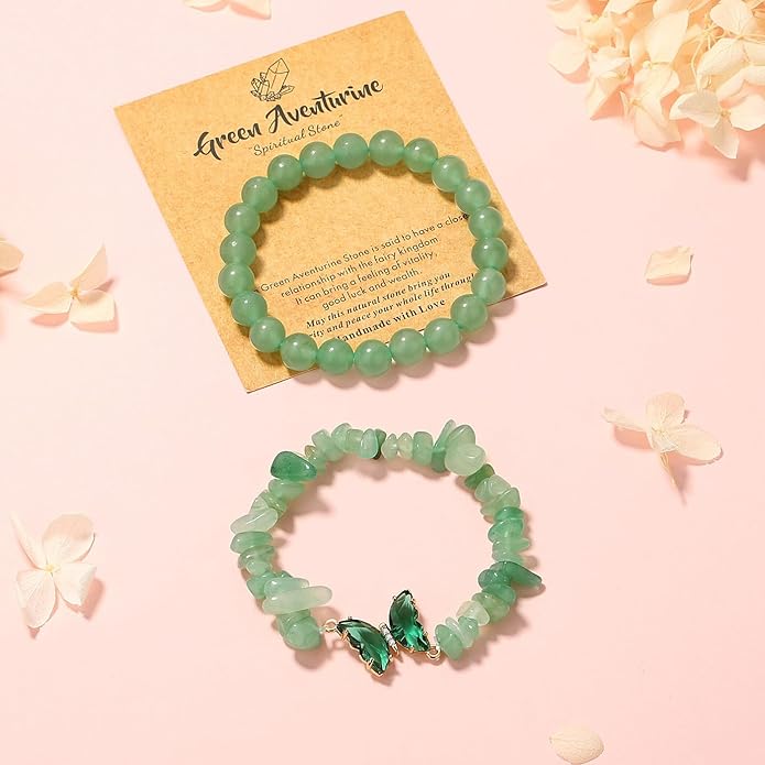 DUQGUHO 2Pcs Butterfly Bracelets for Women Healing Crystals Bracelets for Women Natural Gemstone Bead Bracelet Cute Butterfly Charm Bracelet Stretch 8mm Crystal Jewelry Gifts for Women