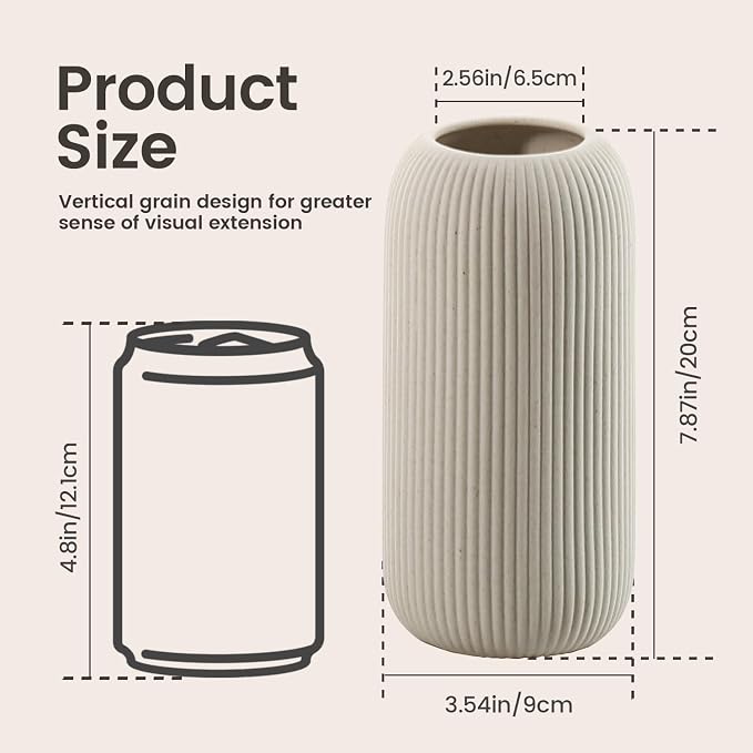 Bohemian Beige Ceramic Vase - for Pampas Grass, Mantel, Bookshelf, Entryway and Living Room Decor (Beige, 8in-Pill)