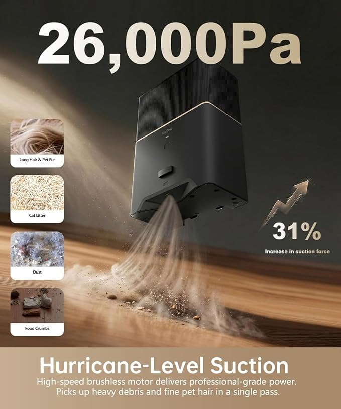 Touchless Vacuum Dustpan, 26kPa Suction, Bagged, Auto/Manual Mode | with 5 Replaceable Dust Bags, Up to 3-Months of Hands-free Cleaning, Ideal for Pet Hair, Kitchen, and Salon, Black