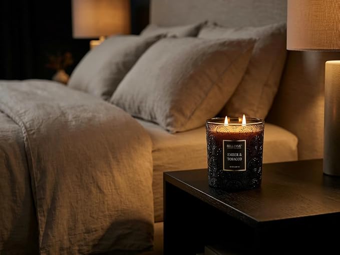 Bellevue Luxury Candles, 12 OZ Soy Blend Candle, Embossed Glass, Fragrances formulated with Essential Oils, Home Fragrances, Scented Candles Gift Set ǀ Scent: Ember & Tobacco