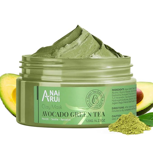 ANAI RUI Green Tea Face Mask with Avocado, Clay Facial Mask for Acne, Mud Mask for Face and Body, Face Cleansing Mask, Hydrating, Nourishing, Soothing, 120g/4.23 oz