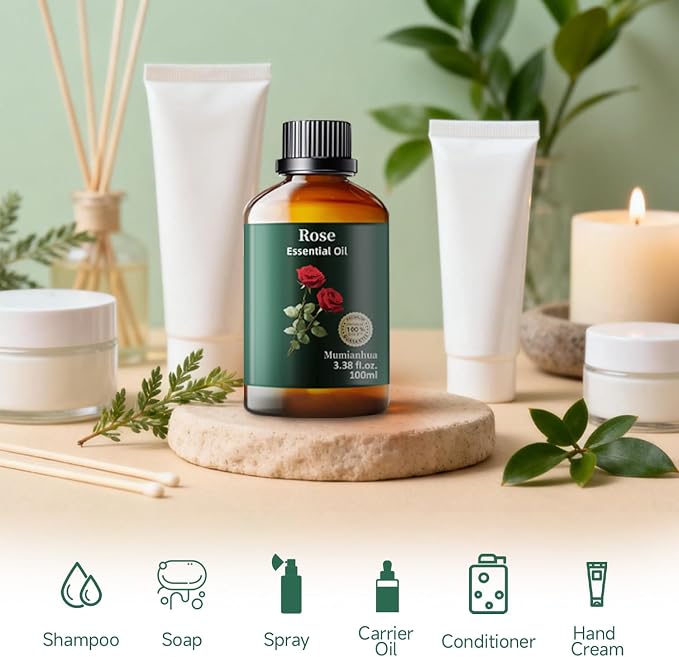 Rose Essential Oil, Floral Scent, Self-Care, DIY & Home, 3.38 Fl Oz | Mumianhua Rose Oil, Steam-Distilled.Romantic Floral. For Skin, Hydration, Radiant Complexion, Hair, Massage & DIY