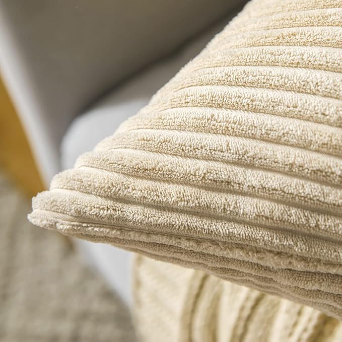 MIULEE Lumbar Soft Corduroy Throw Pillow Covers Set of 2 12x20 Beige | Decorative Striped Textured Cushion Cases, Boho Pillowcases Neutral Home Decor, for Couch Chair Sofa Bed Living Room