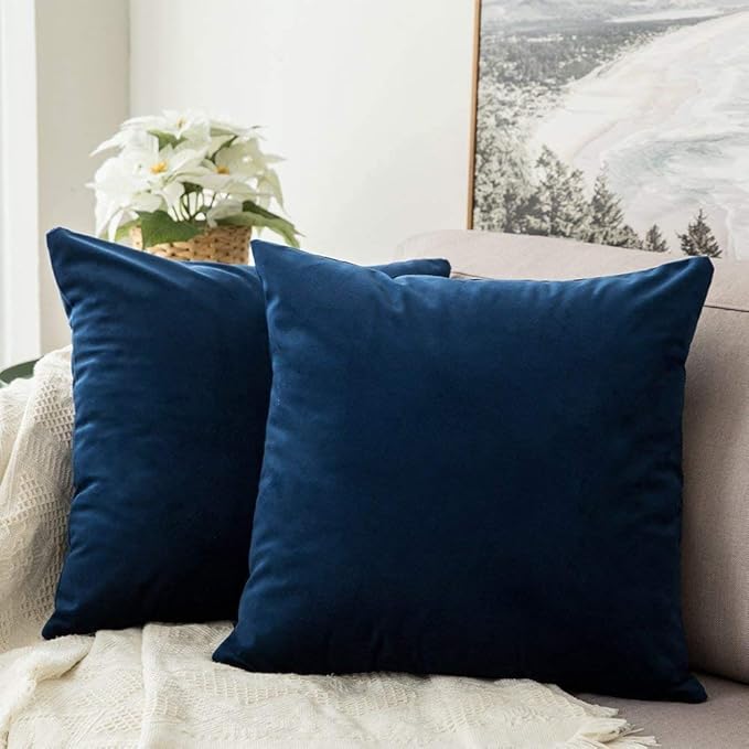 MIULEE Velvet Throw Pillow Covers 12x12 Inch Pack of 2 Dark Blue | Soft Solid Small Decorative Pillow Covers, Modern Luxury Home Decor, for Couch Chair Sofa Bedroom Livingroom Car