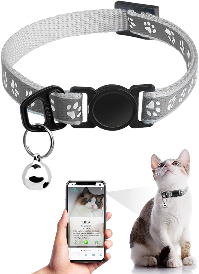 Breakaway Reflective Cat Collar with QR Name Tag & Bell (Grey)