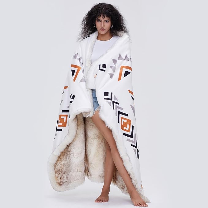 Luxury Plush Faux Fur Throw Blanket with Aztec Pattern, Super Warm, Fuzzy, Elegant, Fluffy Decoration Blanket for Couch, Armchair, Sofa and Bed, 60''x 80'', Cream