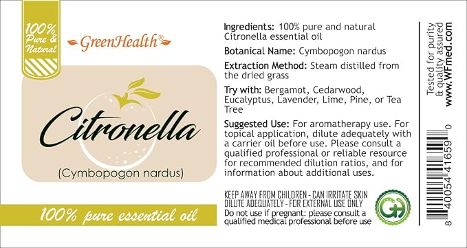 Citronella Essential Oil – 1/2 fl oz (15 ml) Glass Bottle w/Euro Dropper – 100% Pure Essential Oil – GreenHealth