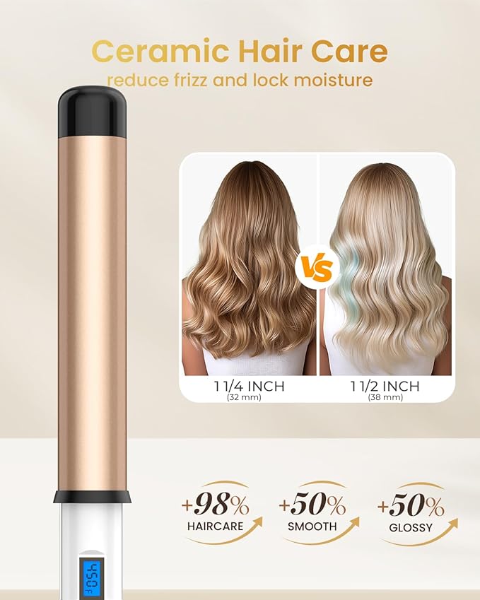 HOSON 1 1/2 Inch Large Curling Wand for Long Hair, 1.5 Inch Ceramic Extral Long Barrel Curling Wand Professional Dual Voltage, Adjustable Temperature
