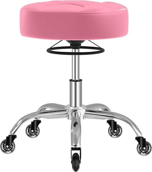 YEEZEE Rolling Stool Heavy Duty 400lb: Super Soft Leather Seat Cushion, 360 Swivel, Height Adjustable 19.7"-25.3", No Squeaky Noises, No Tip Over, Salon & Spa Stool, Pink
