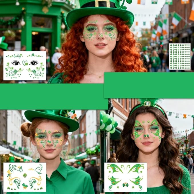 St Patricks Day Temporary Tattoos Green Leaf Blush Face Tattoos Mixed Styles Lucky Clover Shamrock Fake Tattoos Cute Freckles Face Tattoo Waterproof Makeup Stickers with Green Gems for Girls 4 Sheets