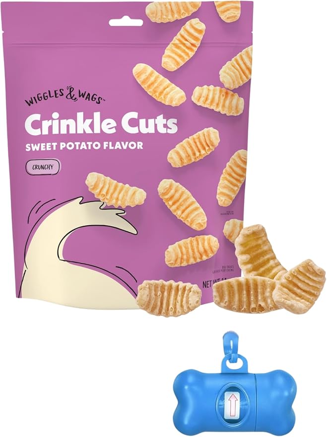 Wiggles & Wags Crinkle Cuts Sweet Potato Dog Treats, 11 oz, with Bone-Shaped Waste Bag Dispenser
