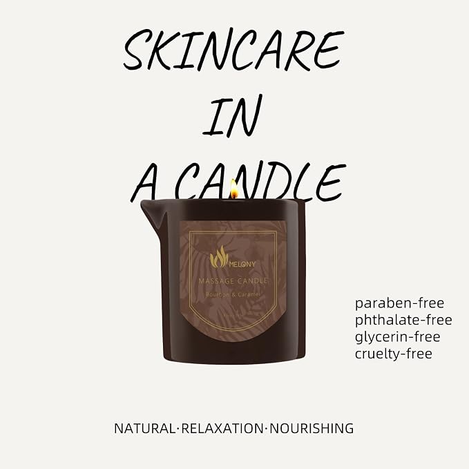 MELONY Massage Oil Candle, Bourbon & Caramel, 8.1 oz | Pure Relaxation, Moisturizing Essential Oil, For Home Spa, Gift For Women & Men
