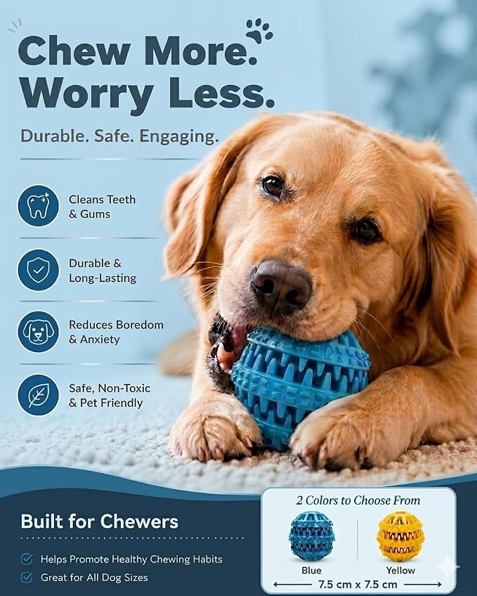 Rubber Dog Chew Toy Ball, Blue and Yellow, Bite-Resistant, Interactive Teeth Cleaning, Hidden Food Treat Dispenser for Dogs (Blue)