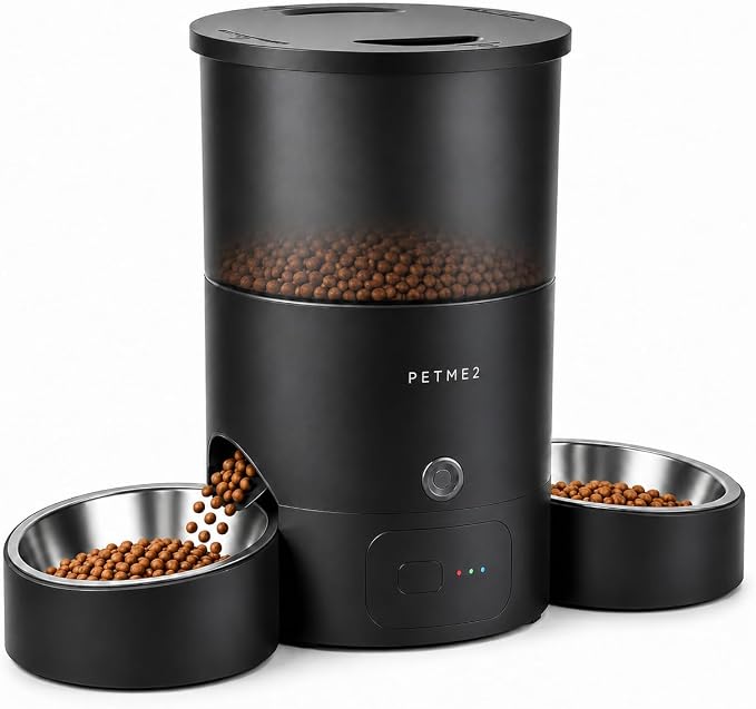 3L Cat Treat Dispenser with Dual Stainless Steel Cat Bowls - Quiet Automatic Cat Feeder for 2 Cats with App Control, 2 Way Audio, Dual Power Options, Self-Feeding Cat Food Dispenser - Black