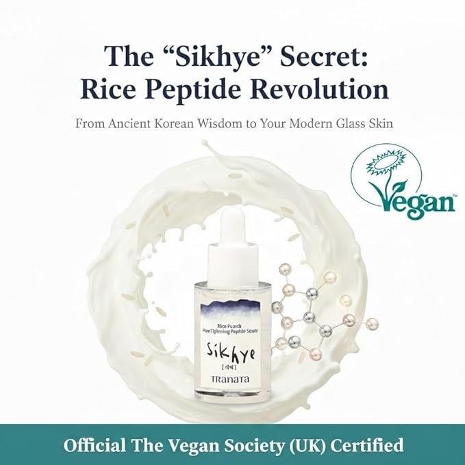 Rice Lipids Peptide Serum - UK Vegan Society Certified, 80% Rice Extract for Glass Skin Glow, Niacinamide & Adenosine High-Nutrition Barrier Care (30ml)1.01floz Korean peptide serum
