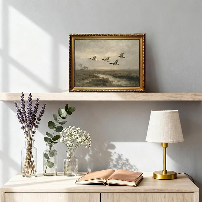 Vintage Hunting Gold Framed Wall Art Flying Mallard Duck Wall Decor Art | Rustic Landscape Painting Canvas Art Farmhouse Cottagecore Small Framed Prints Artwork Bedside Tables Foyer Bookshelf Entry