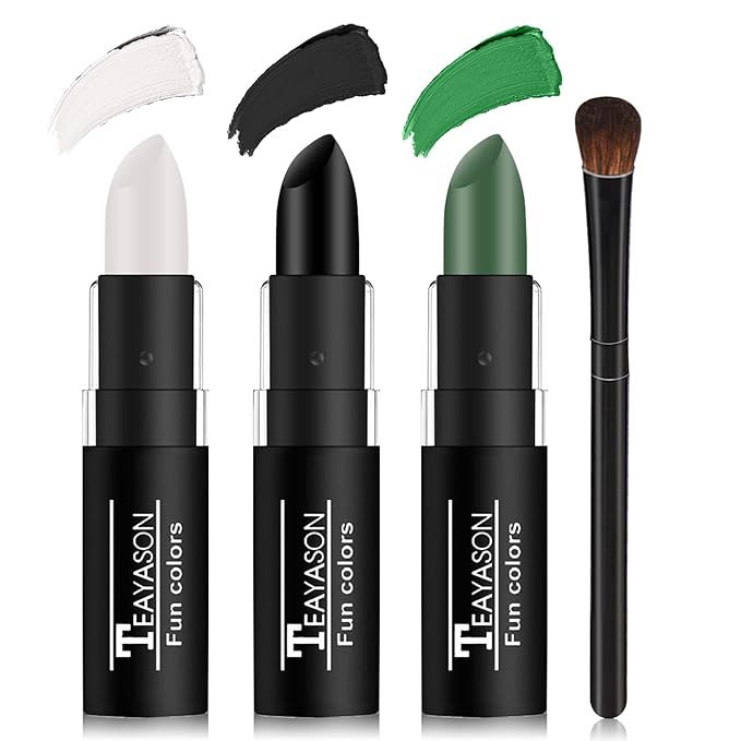 DAMUSI 3 Colors Body Face Paint Sticks Professional Eye Black Baseball Softball Football, Halloween Joker Clown Cosplay Makeup for Adults and Kids (White/Green Eye Black Sticks)