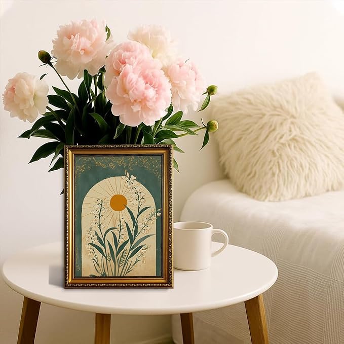 Lily of the Valley Gold Framed Wall Art Vintage Wall Decor Sun Arch Art | Moody Botanical Pictures Canvas Boho Emerald Green Small Framed Prints Artwork for Entryway Shelf Bedside Tables Gallery Wall