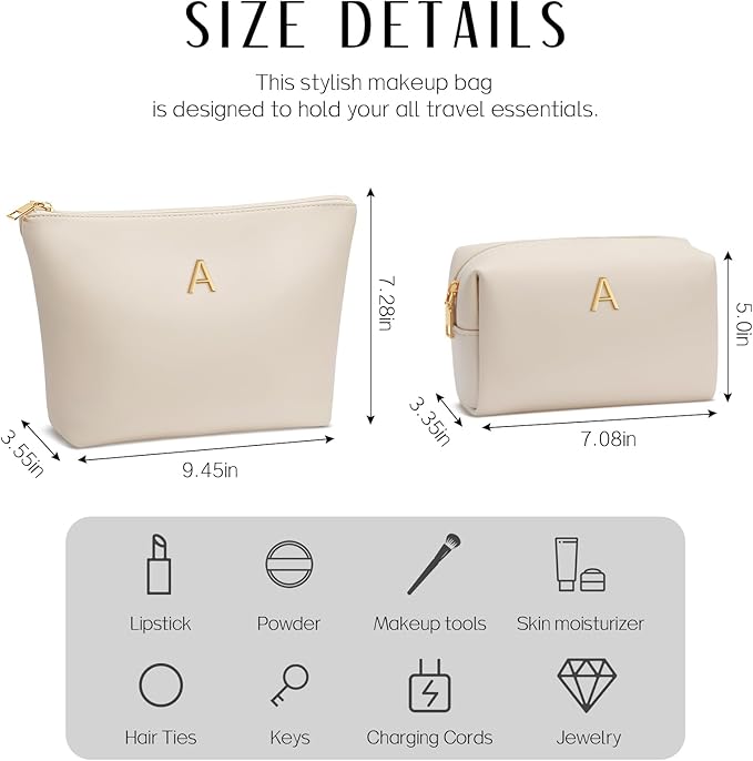 Women Gifts | Initial Makeup Bag for Girl Personalized Gifts for Bridesmaid Friend PU Leather Cosmetic Travel Toiletry Bag(Beige,A)
