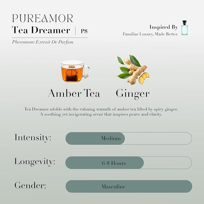 PUREAMOR Pheromone Perfume for Women, Tea Dreamer Extrait de Parfum – Fresh Amber Tea & Ginger Scent, Long Lasting Fragrance, 0.4 oz / 12 ml Travel Size