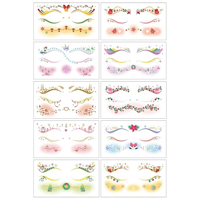 Christmas Temporary Tattoos Snowflake Bow Bell Blush Face Tattoos Mixed Styles Cartoon Santa Claus Eye Fake Tattoos Cute Stickers Waterproof Face Stickers for Girls Body Art Makeup 10 Sheets