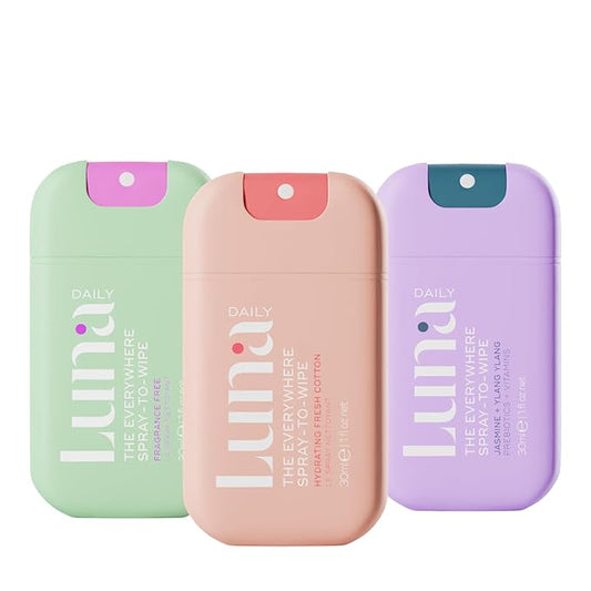 Luna Daily Spray to Wipe - Trio | Hydrating, Fragrance-Free & Original Feminine Mist | pH-Balanced, Natural Prebiotic Spray with Lactic Acid | Vegan, Plant-Based | Travel Set - 3 x 1 oz (30ml)