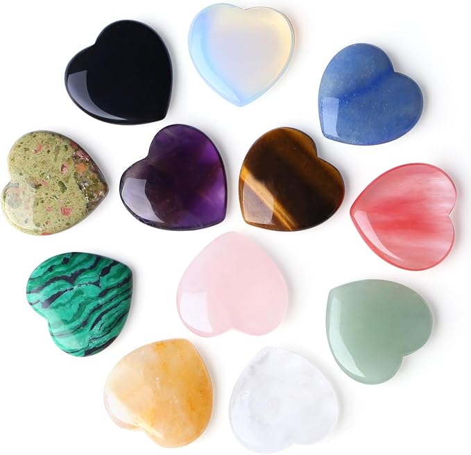 DUQGUHO 1 Inch Hearts Crystals and Healing Stones Reiki Gemstones Healing Crystals Mini Crystal Hearts Set Quartz Heart Shaped Crystals Polished Gems Spiritual Valentine's Day Gifts Bulk 12 PCS