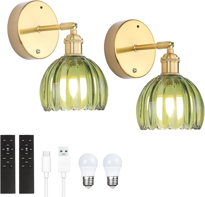 Shenmoyl Battery Operated Vintage Wall Sconces with Green Tulip Glass Lampshade Battery Powered Wall Lighting for Bedside Bedroom Doorway, Set of 2