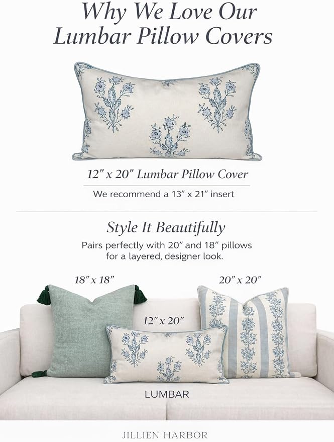 Mary Lumbar Grandmillennial Pillow Cover Only, 12"x20" for Couch, Bed, Chair