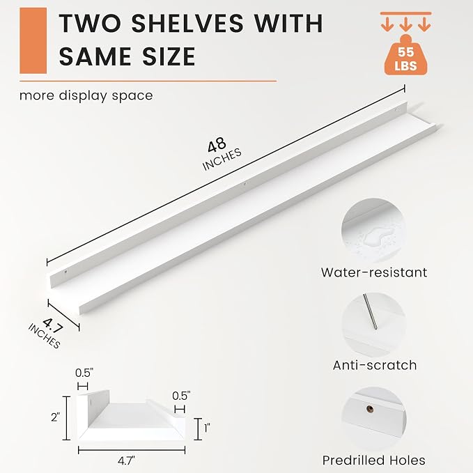 Picture Ledge Shelf, Floating Shelves for Wall, 48" W Set of 2, White | FSC Certified Engineered Wood, Wall Mounted Bookshelf, for Nursery Living Room Bedroom, Pre-Drilled, Easy Install