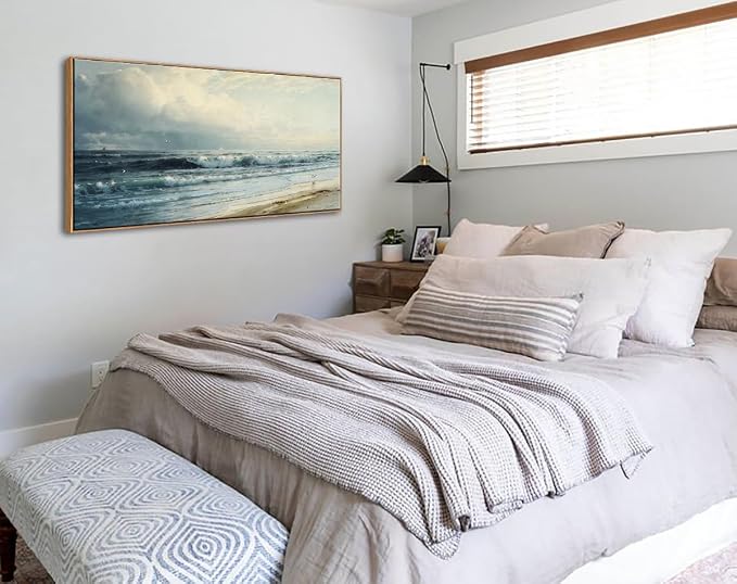 DJSYLIFE Vintage Rockaway Beach Seascape Canvas Wall Art, Framed 20x40 Inch | Large Coastal Decor, Ocean Waves Painting Prints, Ready to Hang for Living Room & Bedroom, Long Pictures for Above of Bed