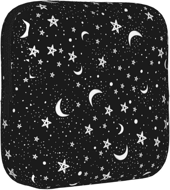 Black And White Moon Star Period Bag For Women,Portable Sanitary Napkin Period Pad Pouch For Purse, Small Make Up Bags
