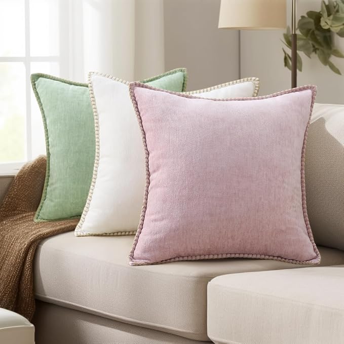 decorUhome Soft Chenille Throw Pillow Covers 16x16 Set of 2 Blush Pink | Fall Textured Decorative Throw Pillow Cases Stitched Edge Modern Farmhouse Luxury Boho Velvet for Couch Sofa Bed Home Decor