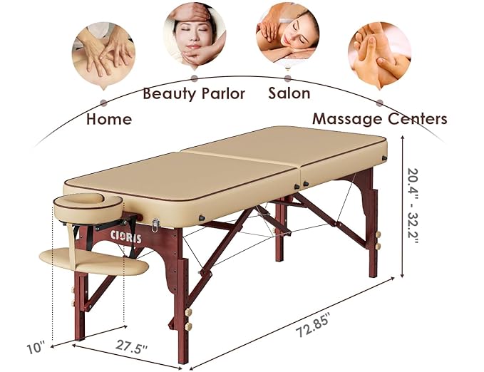 CLORIS 84" Professional Massage Table Portable Reinforced Wooden Leg Hold Up to 1100LBS 2 Folding Lightweight Spa Solon Tattoo Massage Bed Height Adjustable with Carrying Bag