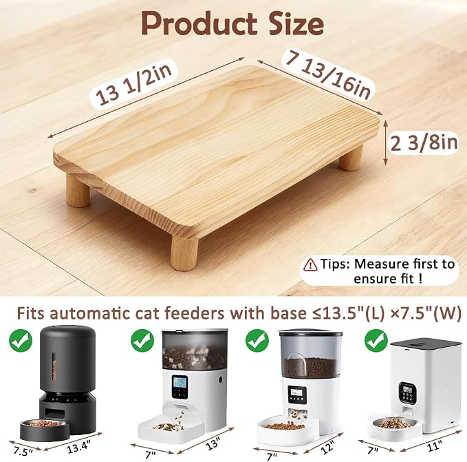 SZEE Cat Food Stand, Elevated Cat Feeder Stand for Automatic Feeder & Bowls | Lifted Cat Food Table Station, Raises Feeder/Bowl by 2 3/8", Relieves Spine and Joints Noticeably on Pets - Solid Pine Wood