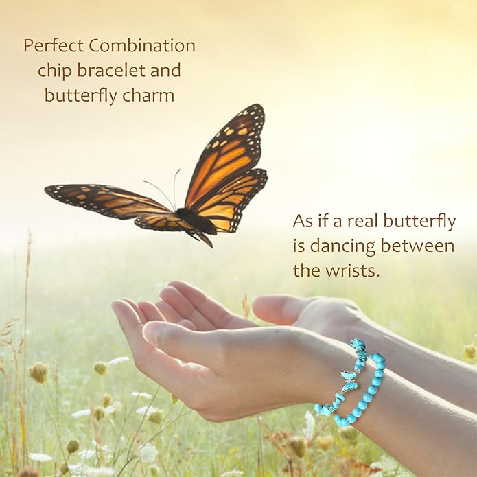 DUQGUHO 2Pcs Butterfly Bracelets for Women Healing Crystals Bracelets for Women Natural Gemstone Bead Bracelet Cute Butterfly Charm Bracelet Stretch 8mm Crystal Jewelry Gifts for Women