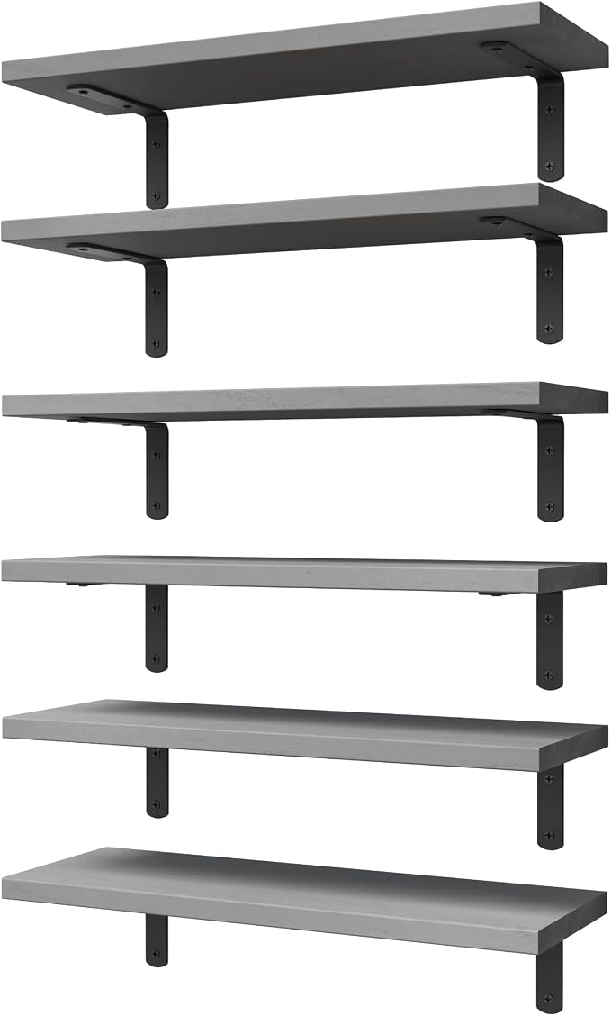 Wood Floating Shelves Set of 6, Shelves for Wall Decor, Farmhouse Shelf for Bedroom, Bathroom Storage Shelves, Book Shelves for Living Room-Grey